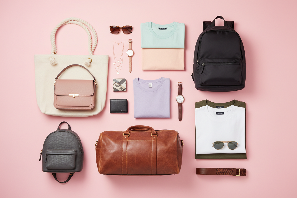 a men and women's bags, t-shirts and accessories in a pink background