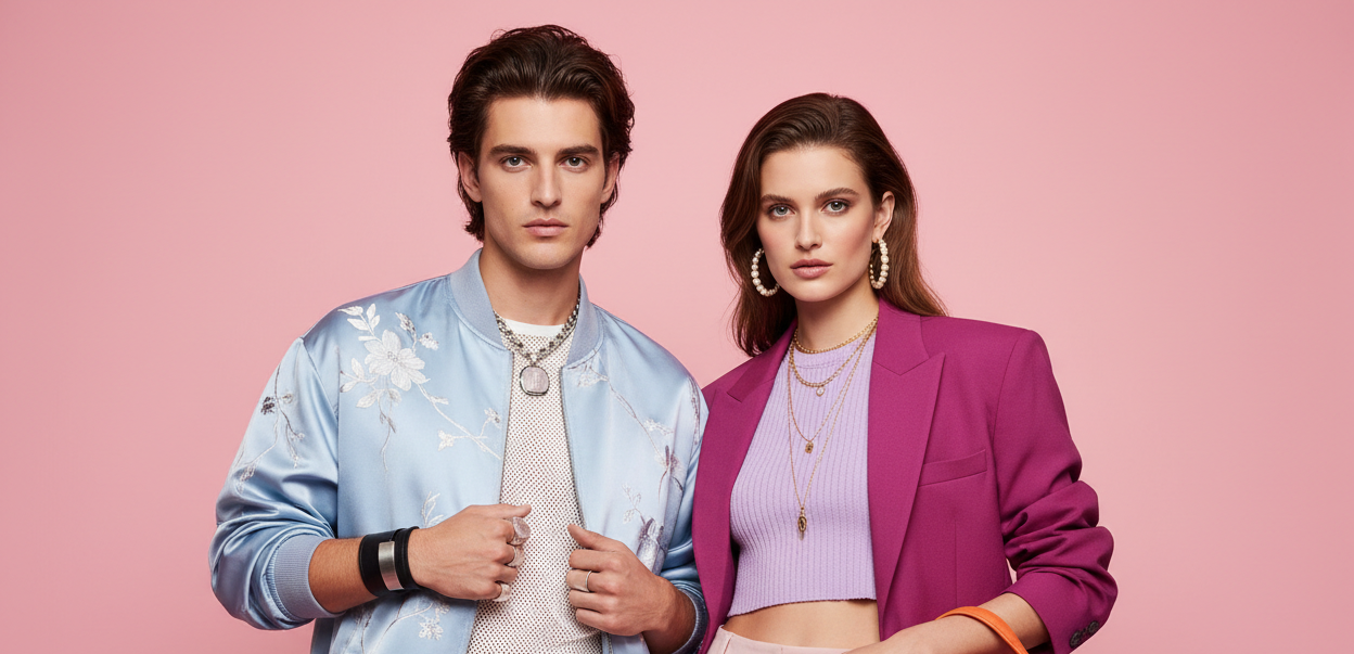 man and women close up wearing trendy clothing and accessories with pink background